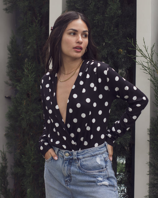 Black Polka Dot Long Sleeve Bodysuit Print